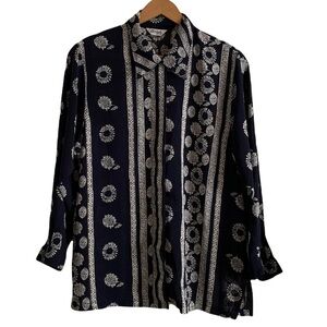 Angel Fashion Women’s Navy blue and White Printed Long Sleeve Blouse Siz…